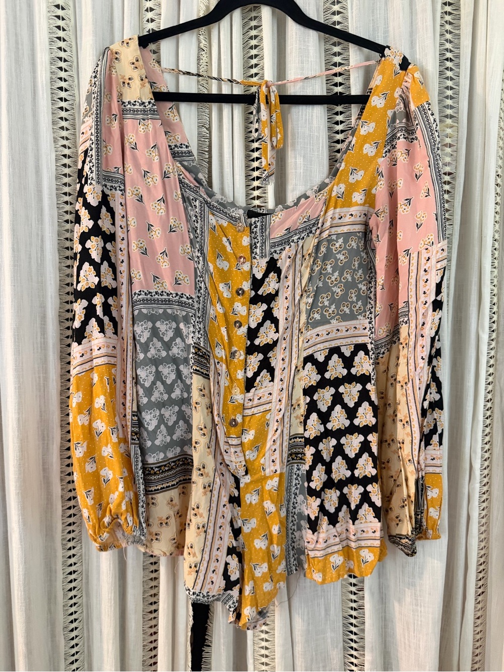 Forever 21 Mixed Patchwork Long Sleeve Peasant romper pink, Mustard & Black